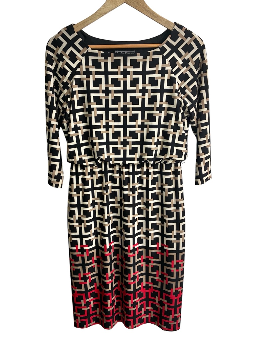 Jessica Howard Black and Cream Geometric Midi Dress with Red Hem